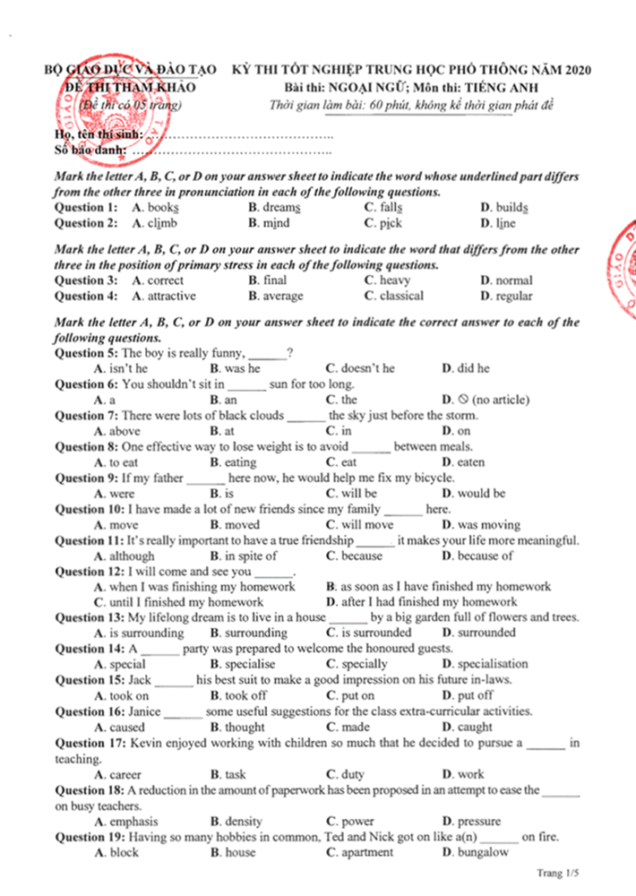 Đề thi tiếng anh THPT quốc gia 2020